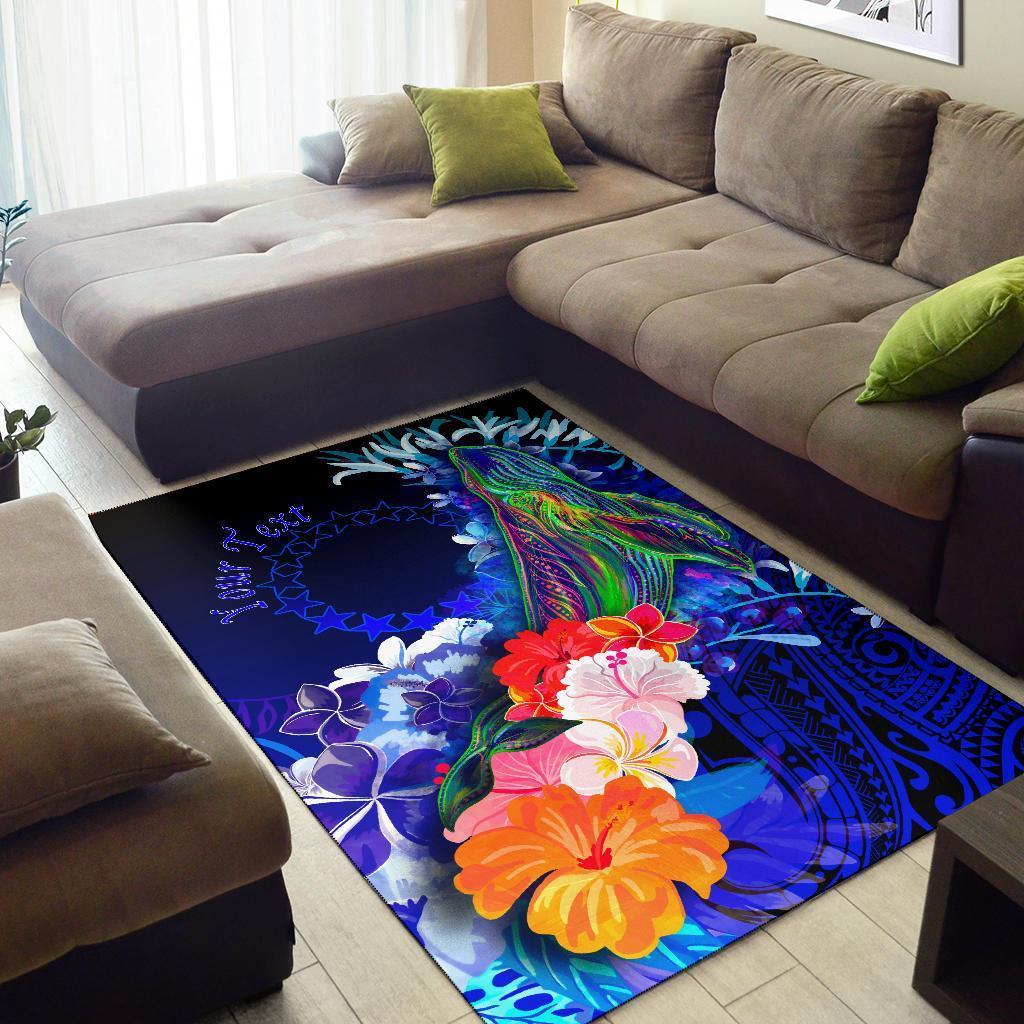 Cook Islands Custom Personalised Area Rug - Humpback Whale with Tropical Flowers (Blue) - Vibe Hoodie Shop