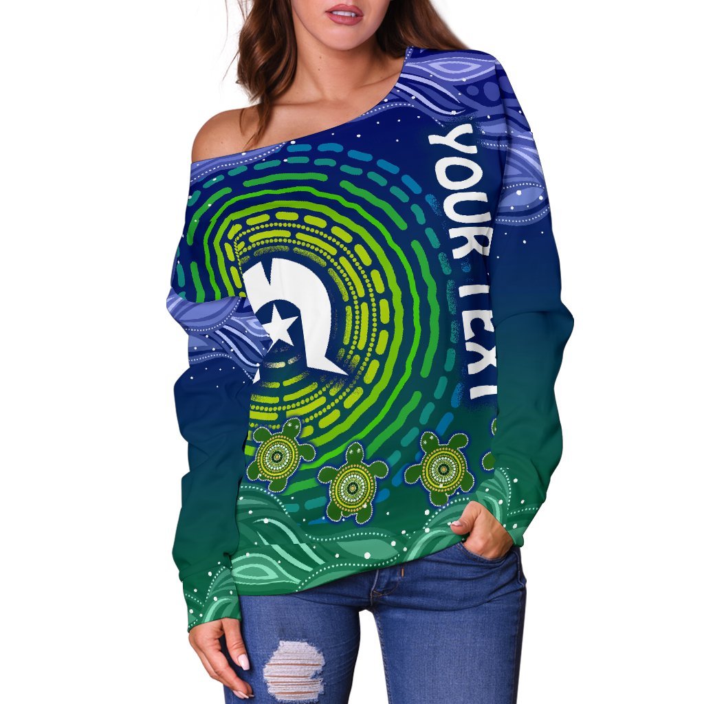 Custom Text Torres Strait Islanders Women's Off Shoulder Sweater - Aboriginal Turtle - Vibe Hoodie Shop