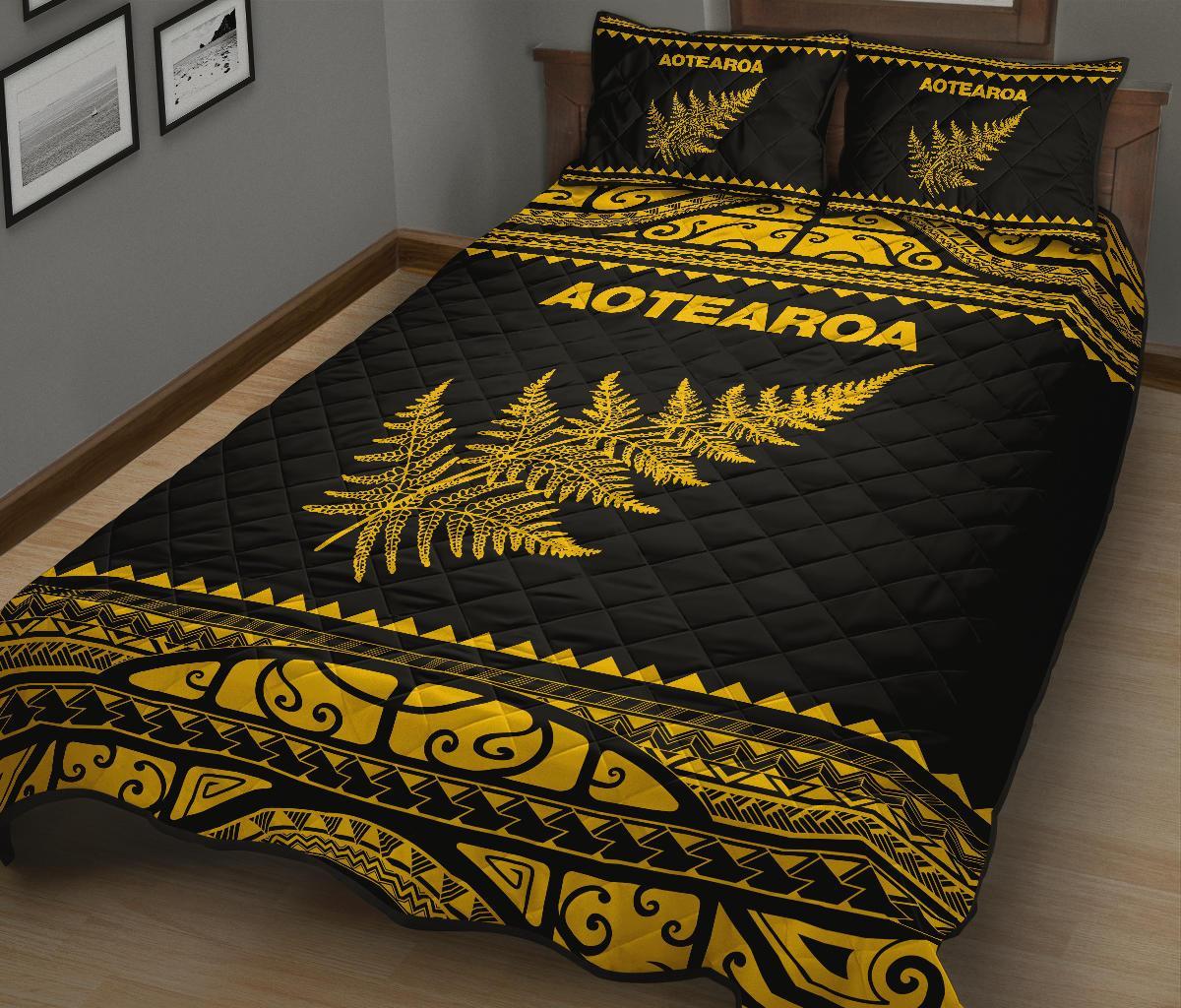 Aotearoa New Zealand Maori Quilt Bed Set Silver Fern Yellow - Vibe Hoodie Shop