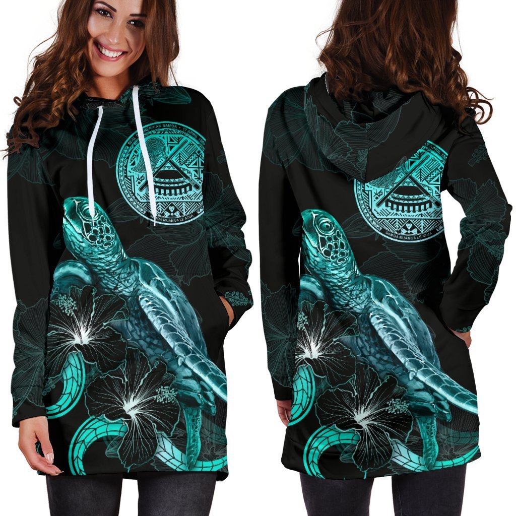 American Samoa Polynesian Hoodie Dress - Turtle With Blooming Hibiscus Turquoise - Vibe Hoodie Shop