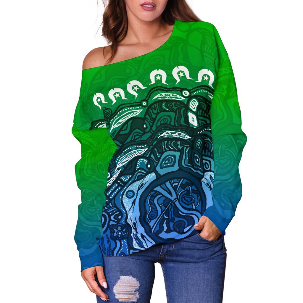 Torres Strait Islands Off Shoulder Sweater - Blue - Vibe Hoodie Shop