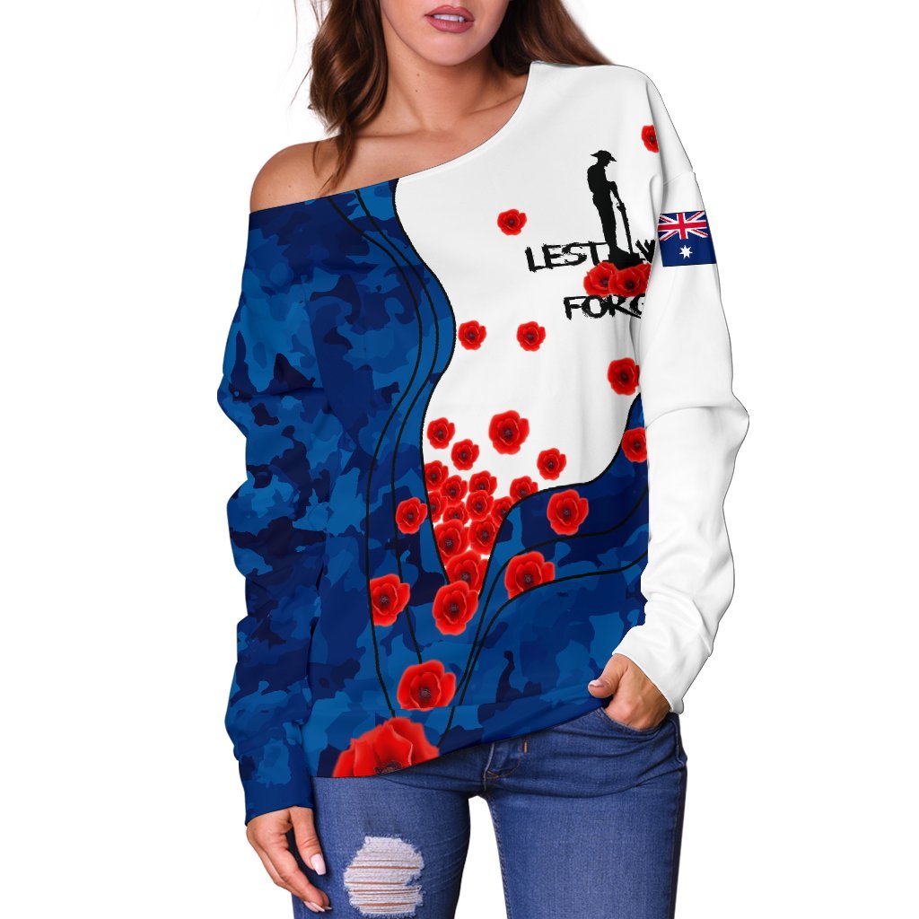 ANZAC Lest We Forget Women's Off Shoulder Sweater - Australian Flag Blue - - Vibe Hoodie Shop