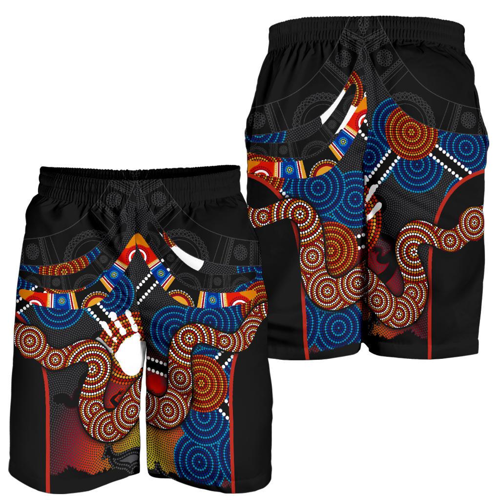 Aboriginal Men's Shorts, Australian Boomerang and Snake Indigenous Art - Vibe Hoodie Shop