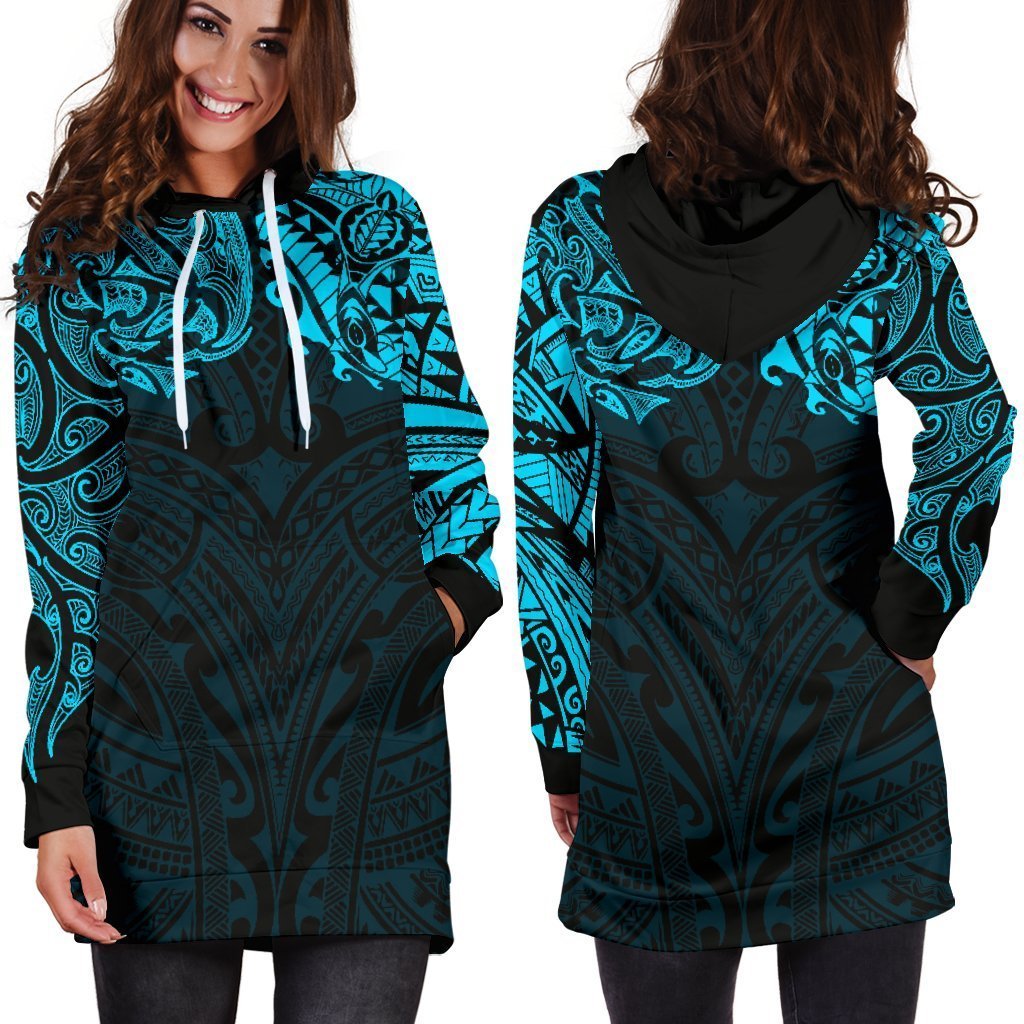 New Zealand Women's Hoodie Dress, Maori Polynesian Tattoo Blue - Vibe Hoodie Shop