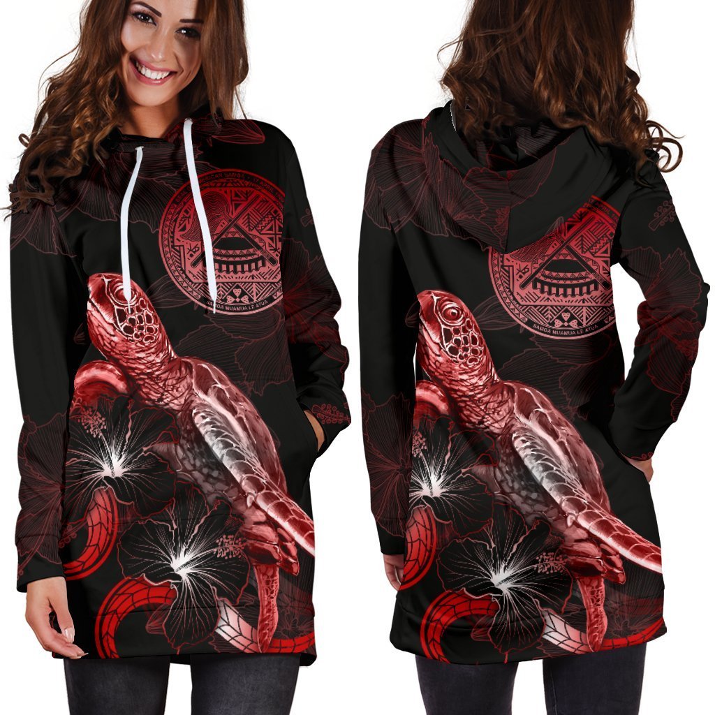 American Samoa Polynesian Hoodie Dress - Turtle With Blooming Hibiscus Red - Vibe Hoodie Shop