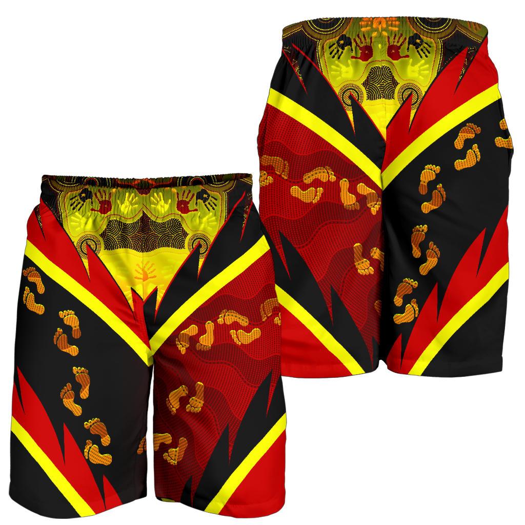 Aboriginal Men's Shorts - Indigenous Flag With Footprint Hand Art - Vibe Hoodie Shop