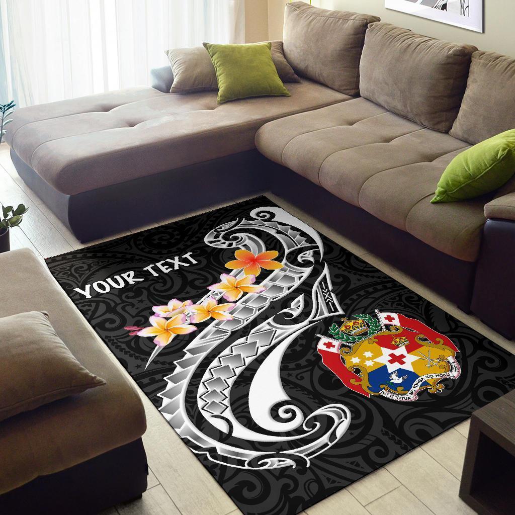 Tonga Custom Personalised Area Rug - Tonga Seal Polynesian Patterns Plumeria (Black) - Vibe Hoodie Shop