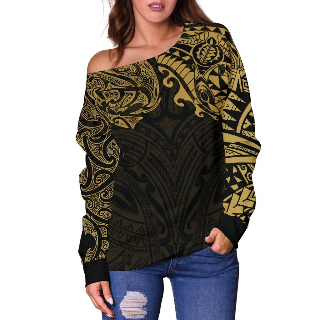 New Zealand Women's Off Shoulder Sweater, Maori Polynesian Tattoo Gold - Vibe Hoodie Shop