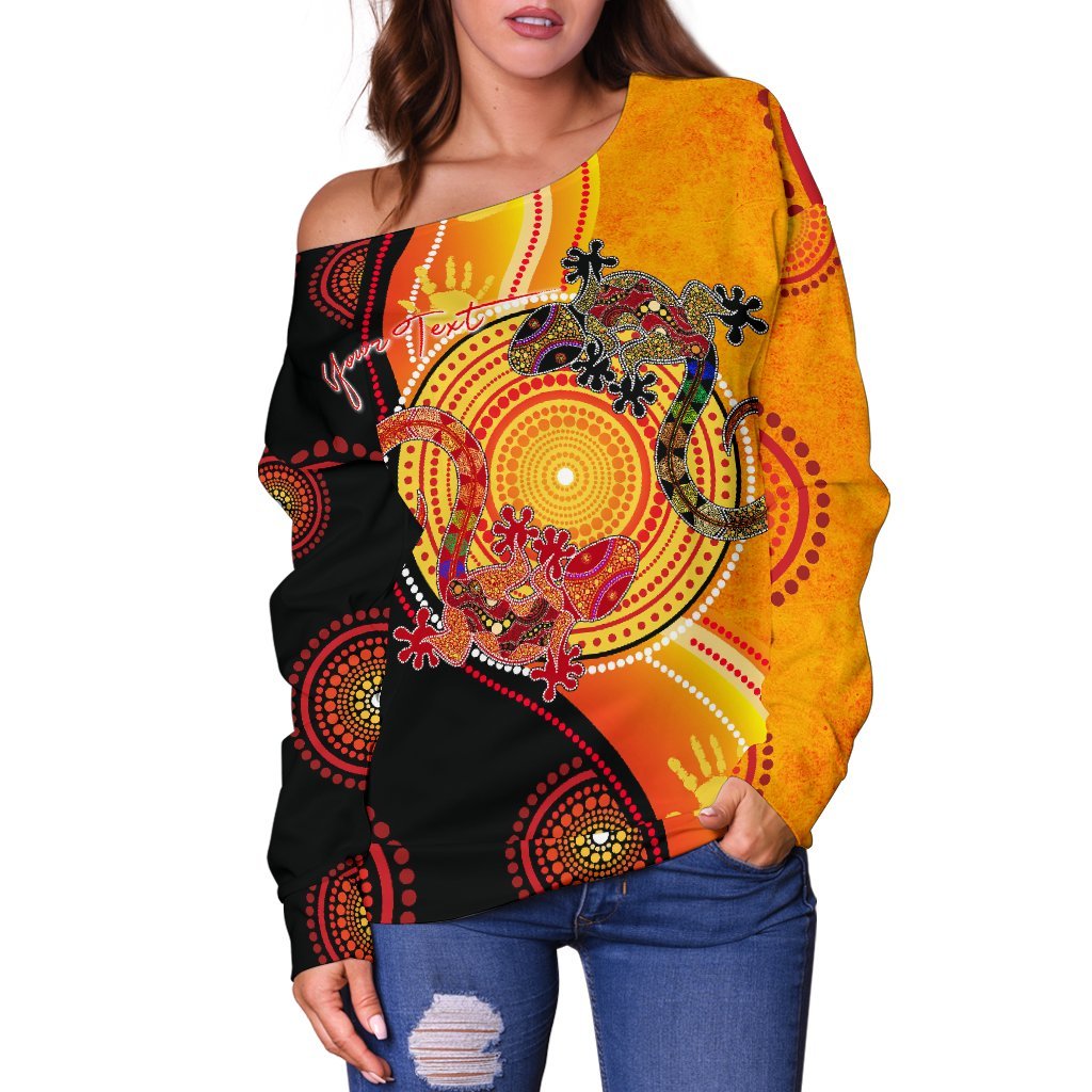 Aboriginal Personalised Women's Off Shoulder Sweater - Couple Aboriginal Lizards - Vibe Hoodie Shop