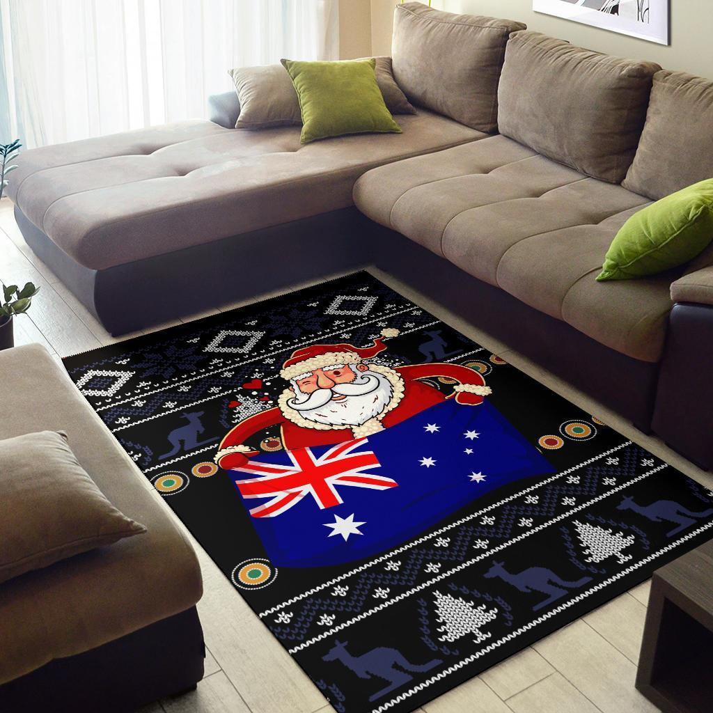 Christmas Area Rug - Australia Santa Claus Hold The Flag (Black) - Vibe Hoodie Shop