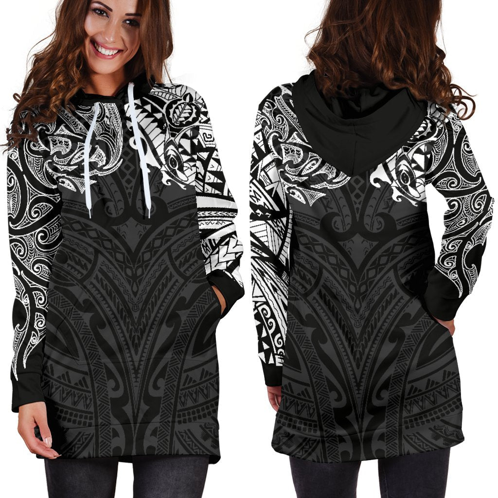 New Zealand Women's Hoodie Dress, Maori Polynesian Tattoo White - Vibe Hoodie Shop