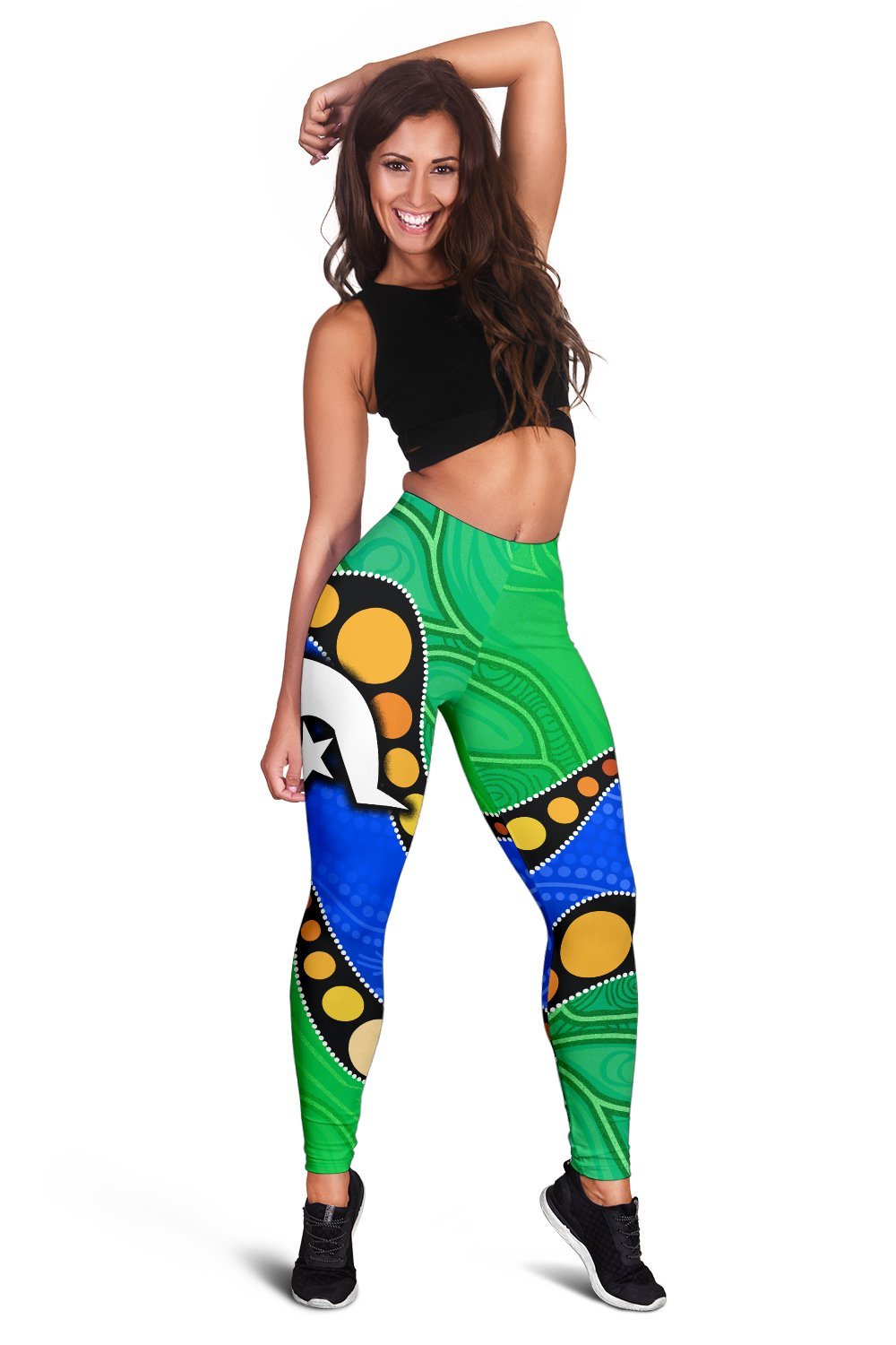 Torres Strait Islands Women's Leggings - Flag with Aboriginal Patterns - Vibe Hoodie Shop