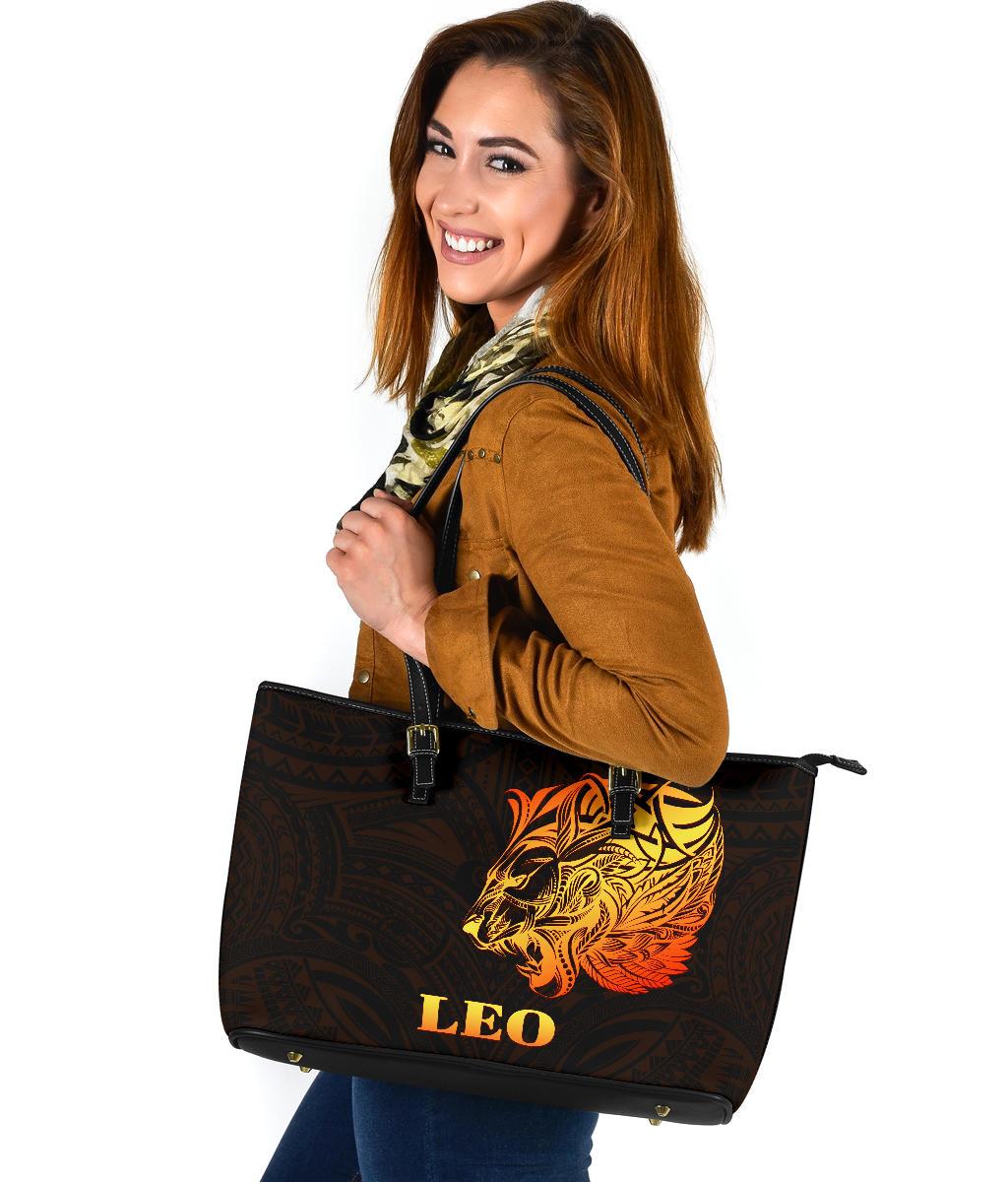sun-in-leo-zodiac-large-leather-tote-polynesian-tattoo-simple-orange-black