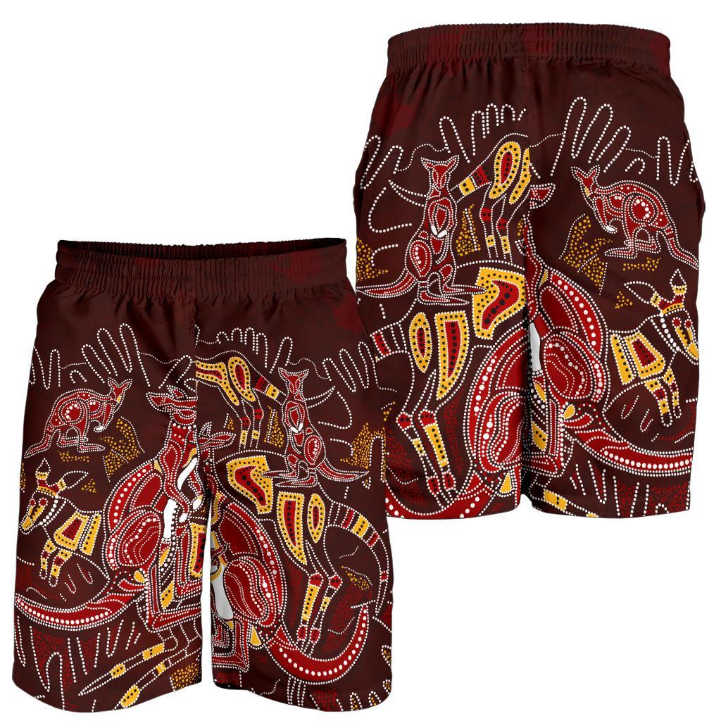 Aboriginal Men's Shorts - Kangaroo family with Hand Art - Vibe Hoodie Shop