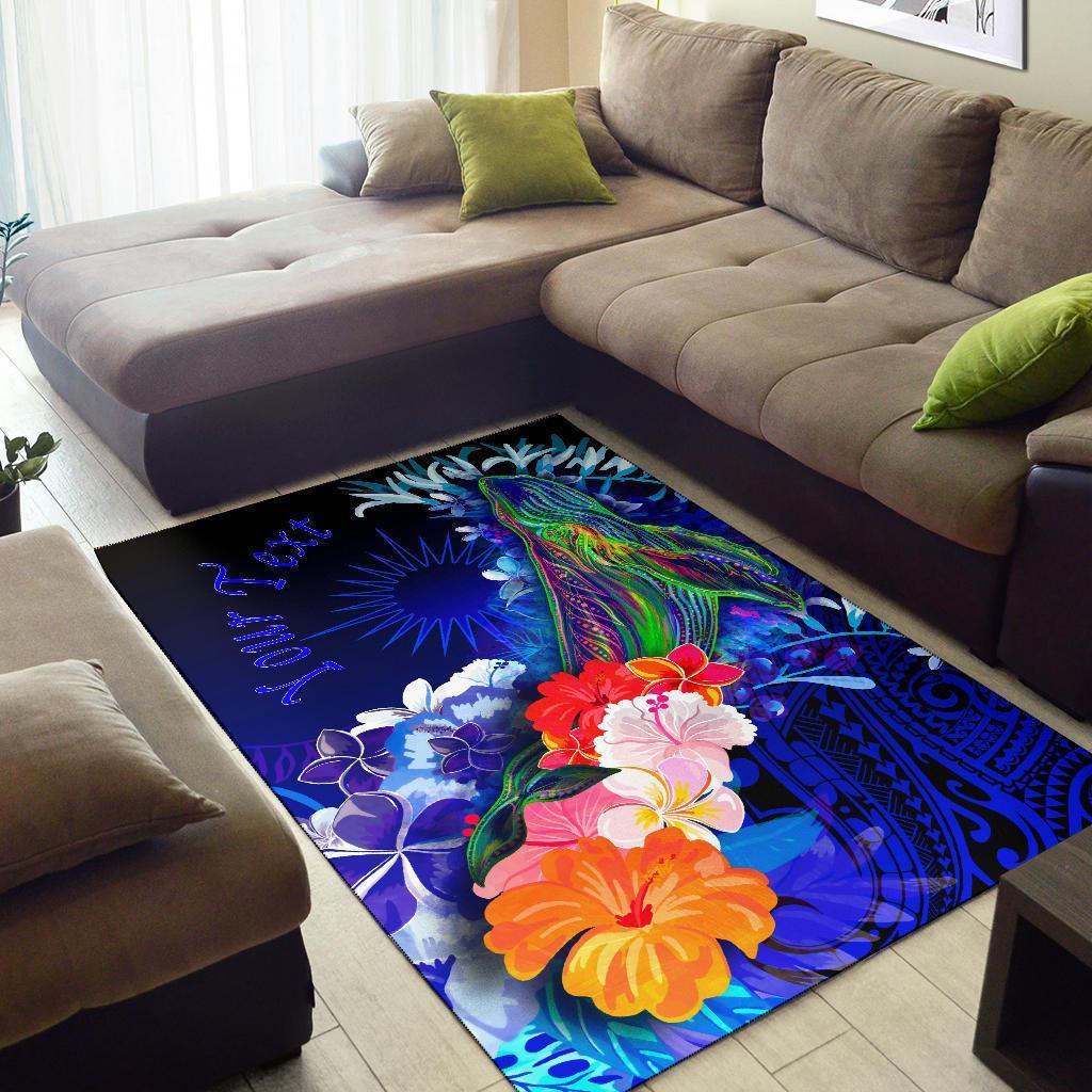 Marshall Islands Custom Personalised Area Rug - Humpback Whale with Tropical Flowers (Blue) - Vibe Hoodie Shop