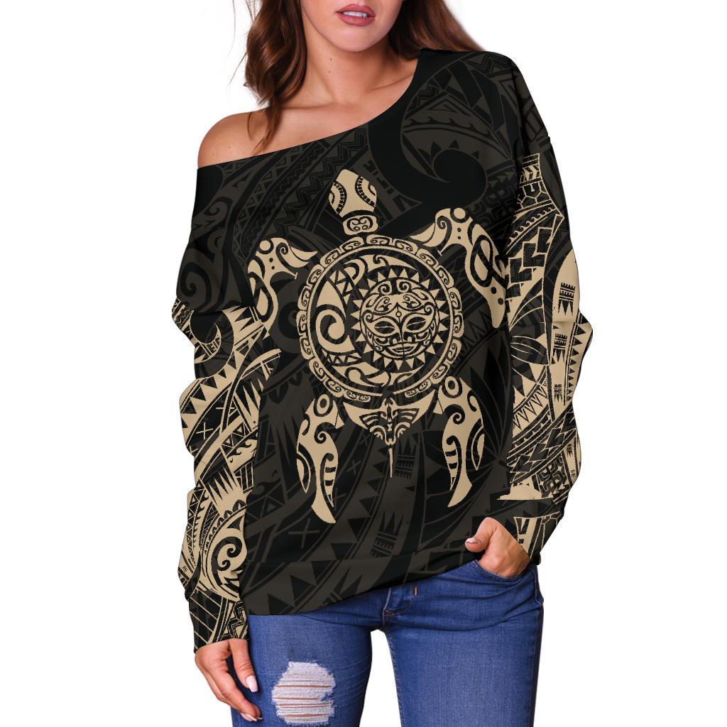 New Zealand Off Shoulder Sweater, Maori Turtle Tattoo - Gold - Vibe Hoodie Shop