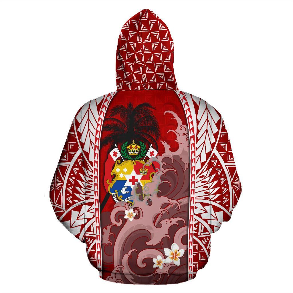 Tonga All Over Hoodie Coat Of Arms Polynesian With Hibiscus And Waves - Vibe Hoodie Shop