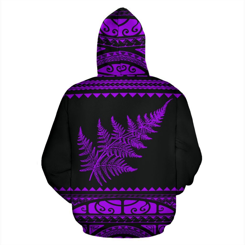 New Zealand Maori Zip Up Hoodie, Aotearoa Silver Fern Zipper Hoodie Purple - Vibe Hoodie Shop