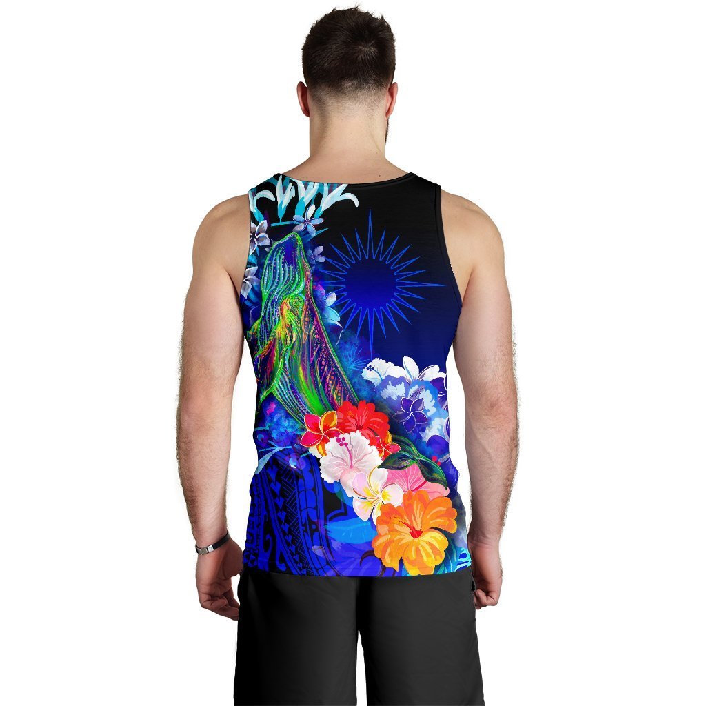 Marshall Islands Custom Personalised Men's Tank Top - Humpback Whale with Tropical Flowers (Blue) - Vibe Hoodie Shop