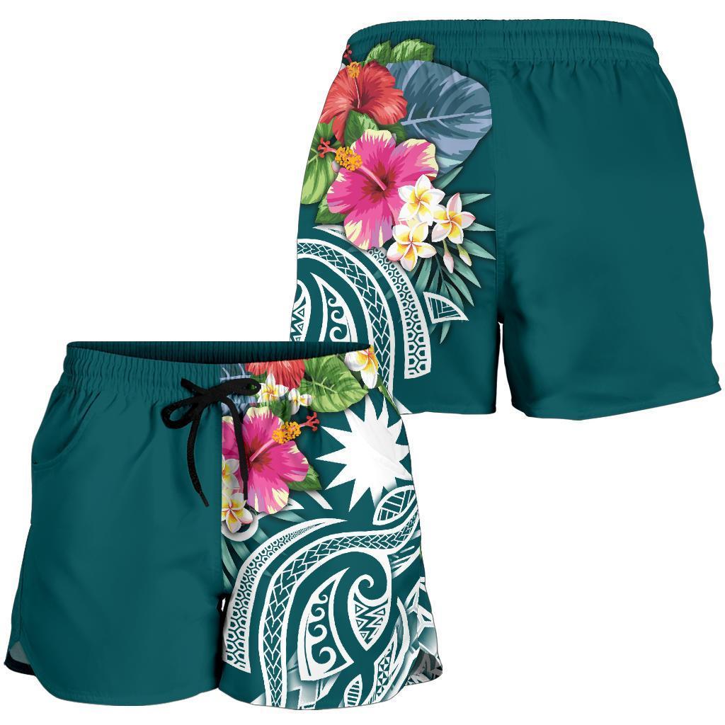 nauru-polynesian-womens-shorts-summer-plumeria-turquoise
