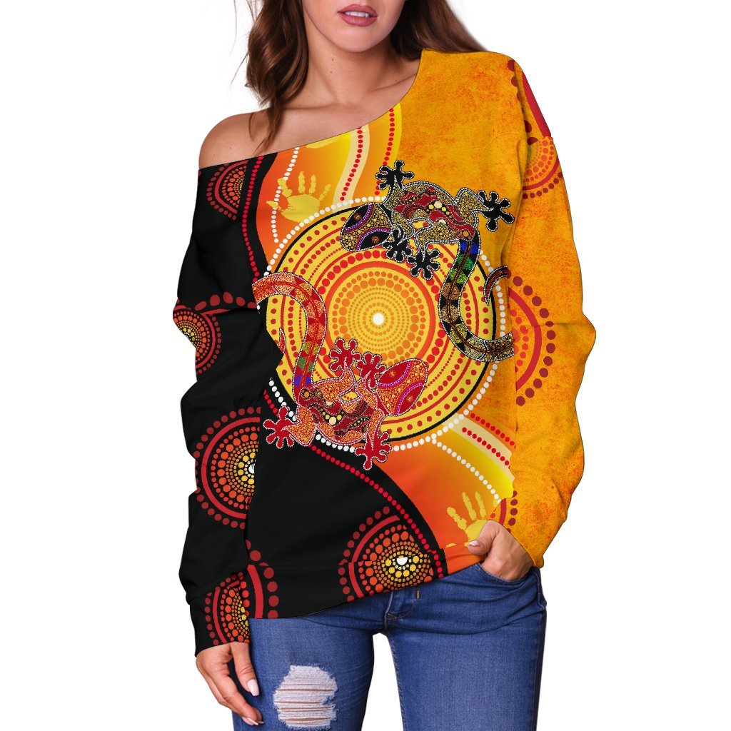Aboriginal Women's Off Shoulder Sweater - Couple Aboriginal Lizards - Vibe Hoodie Shop