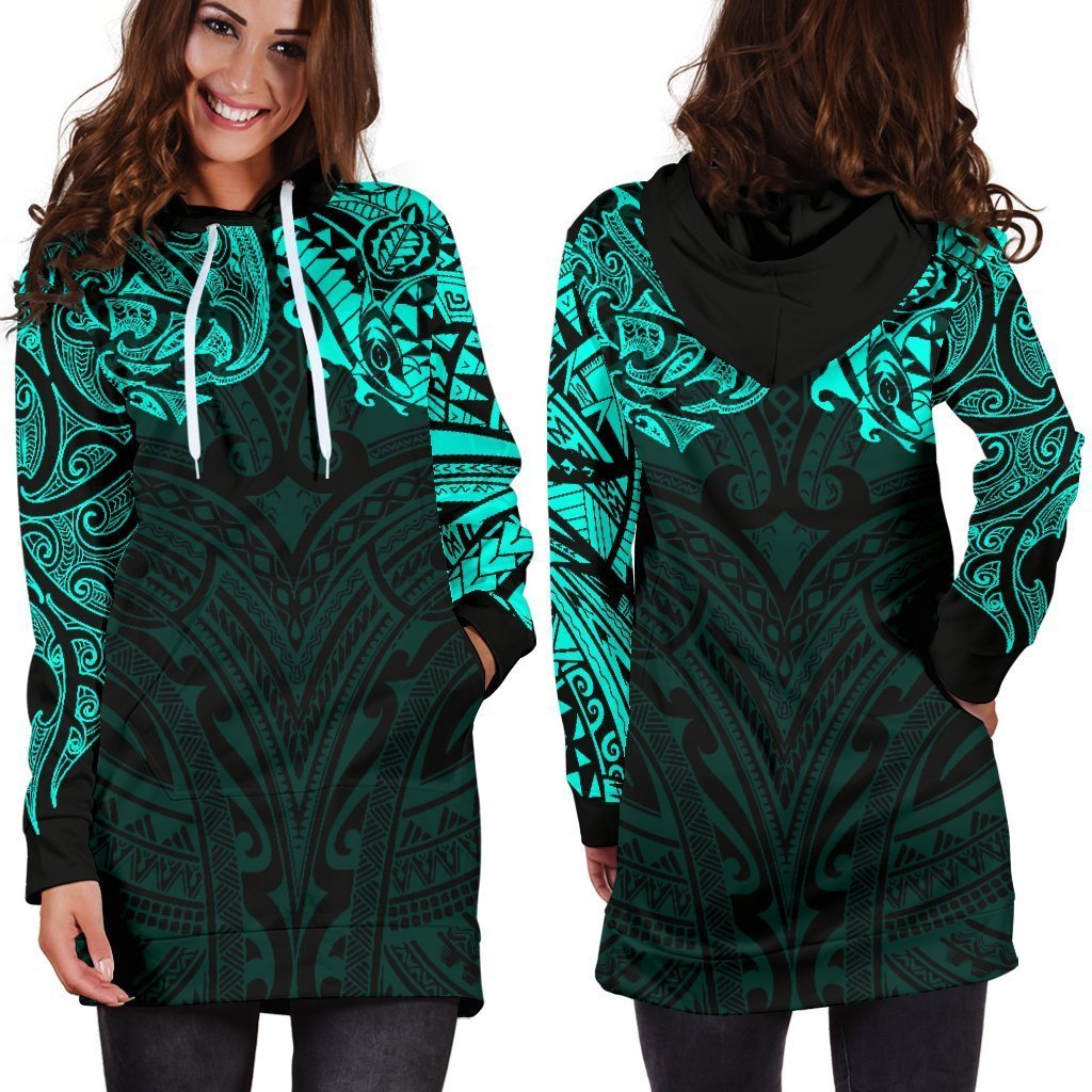 New Zealand Women's Hoodie Dress, Maori Polynesian Tattoo Turquoise - Vibe Hoodie Shop