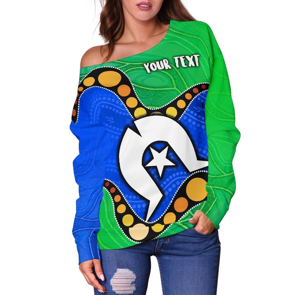 Custom Torres Strait Islands Women's Off Shoulder Sweater - Flag with Aboriginal Patterns - Vibe Hoodie Shop