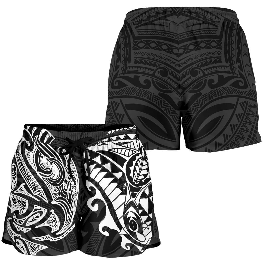 new-zealand-all-over-print-womens-shorts-maori-polynesian-tattoo-white