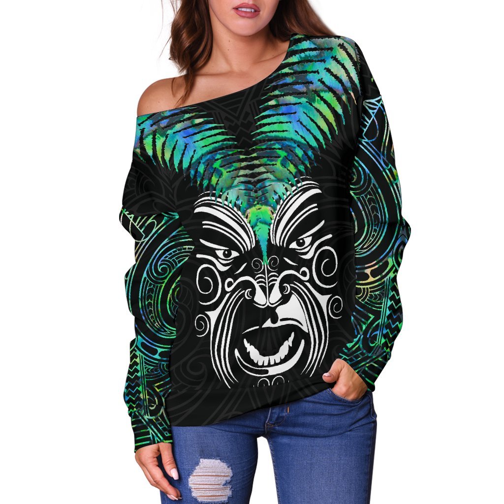 New Zealand Maori Moko Women's Off Shoulder Sweater Paua Shell - Vibe Hoodie Shop