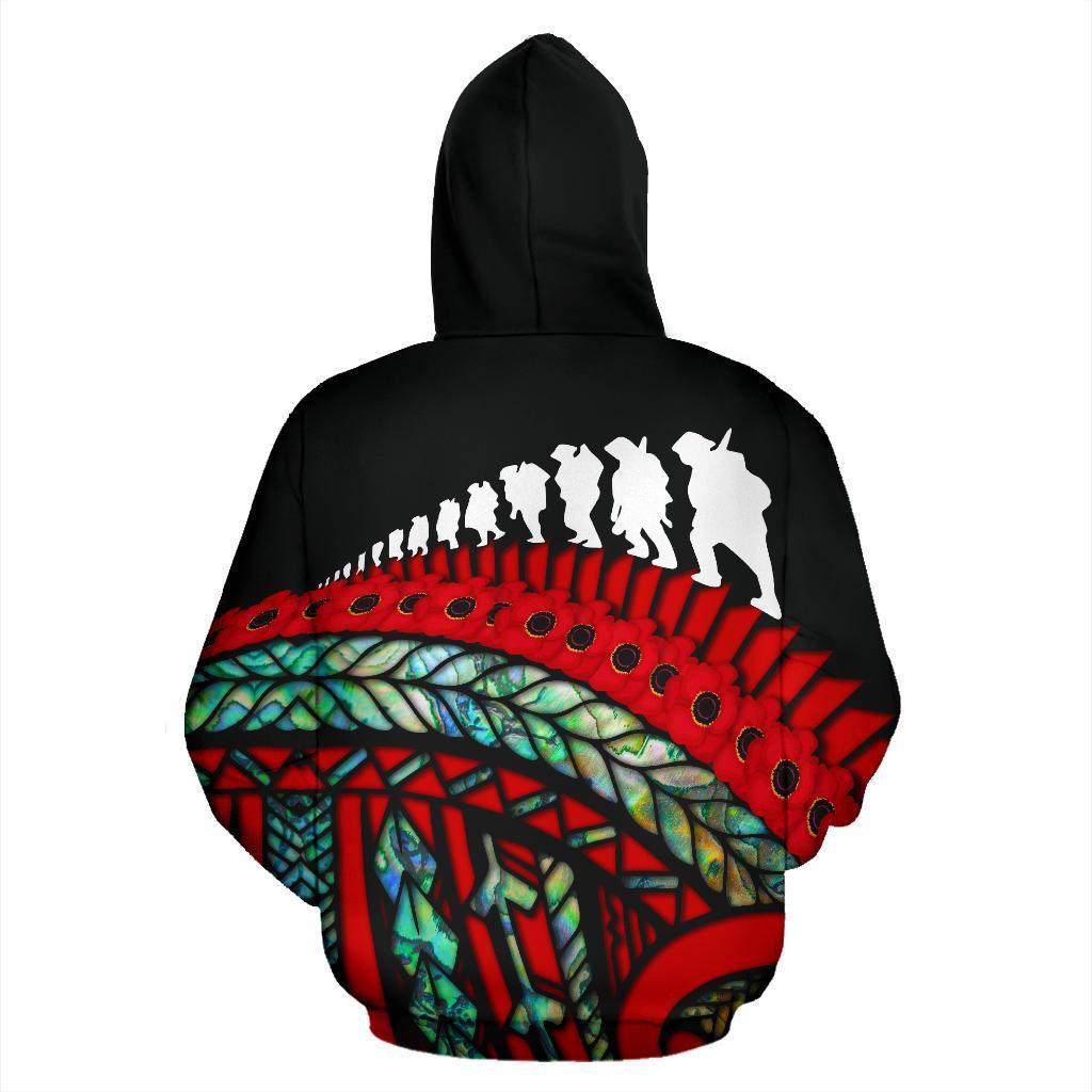 ANZAC New Zealand Zip Hoodie, Poppies Lest We Forget Maori Pullover Hoodie Soldiers Paua - Vibe Hoodie Shop