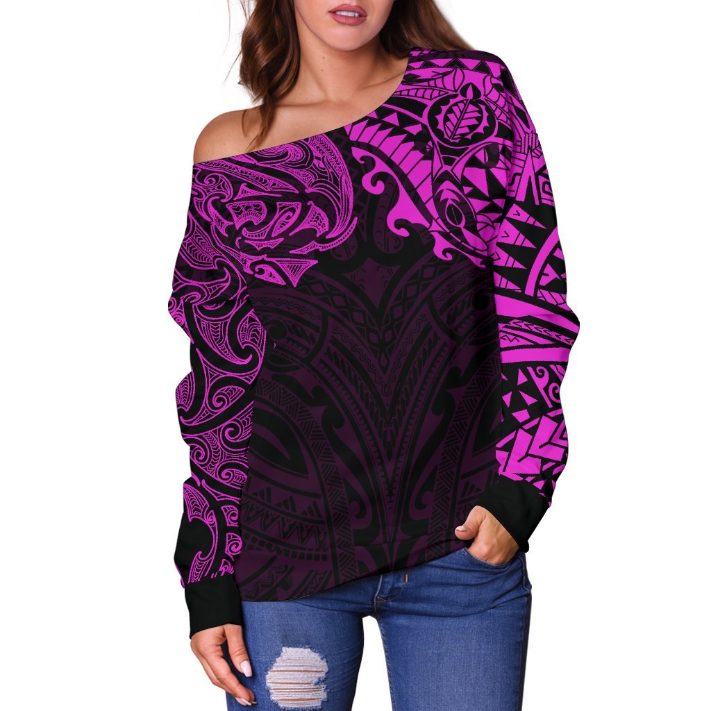 New Zealand Women's Off Shoulder Sweater, Maori Polynesian Tattoo Purple - Vibe Hoodie Shop