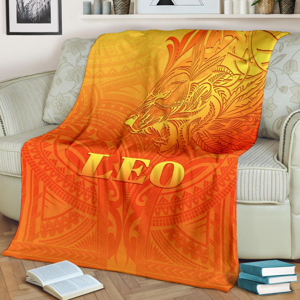 Sun In Leo Zodiac Premium Blanket Polynesian Tattoo Simple - Orange - Vibe Hoodie Shop