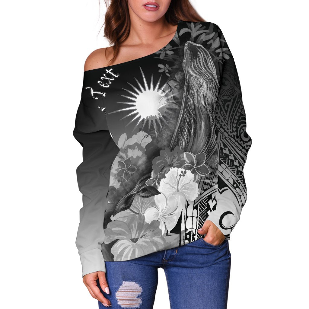 Marshall Islands Custom Personalised Women's Off Shoulder Sweater - Humpback Whale with Tropical Flowers (White) - Vibe Hoodie Shop
