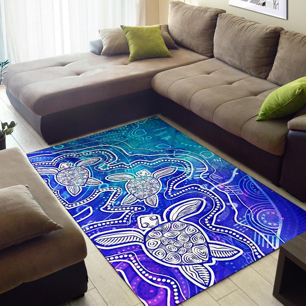 Aboriginal Area Rug - Sea Turtle With Indigenous Patterns (Blue) - Vibe Hoodie Shop