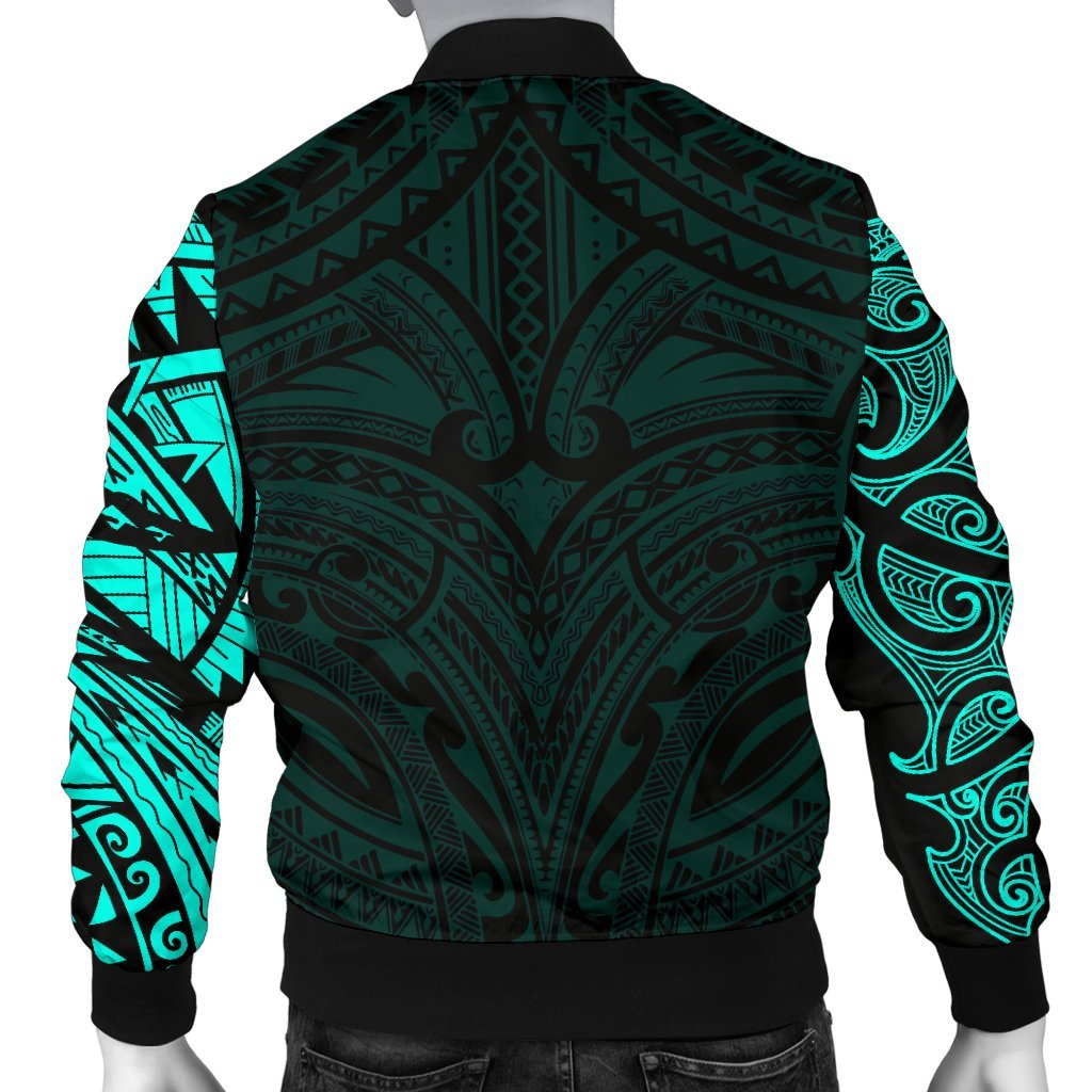 New Zealand Men's Bomber Jacket, Maori Polynesian Tattoo Turquoise - Vibe Hoodie Shop