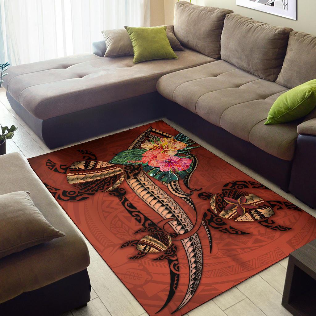 Polynesian Turtle Area Rug - Tribal Tattoo with Hibiscus Coral - Vibe Hoodie Shop