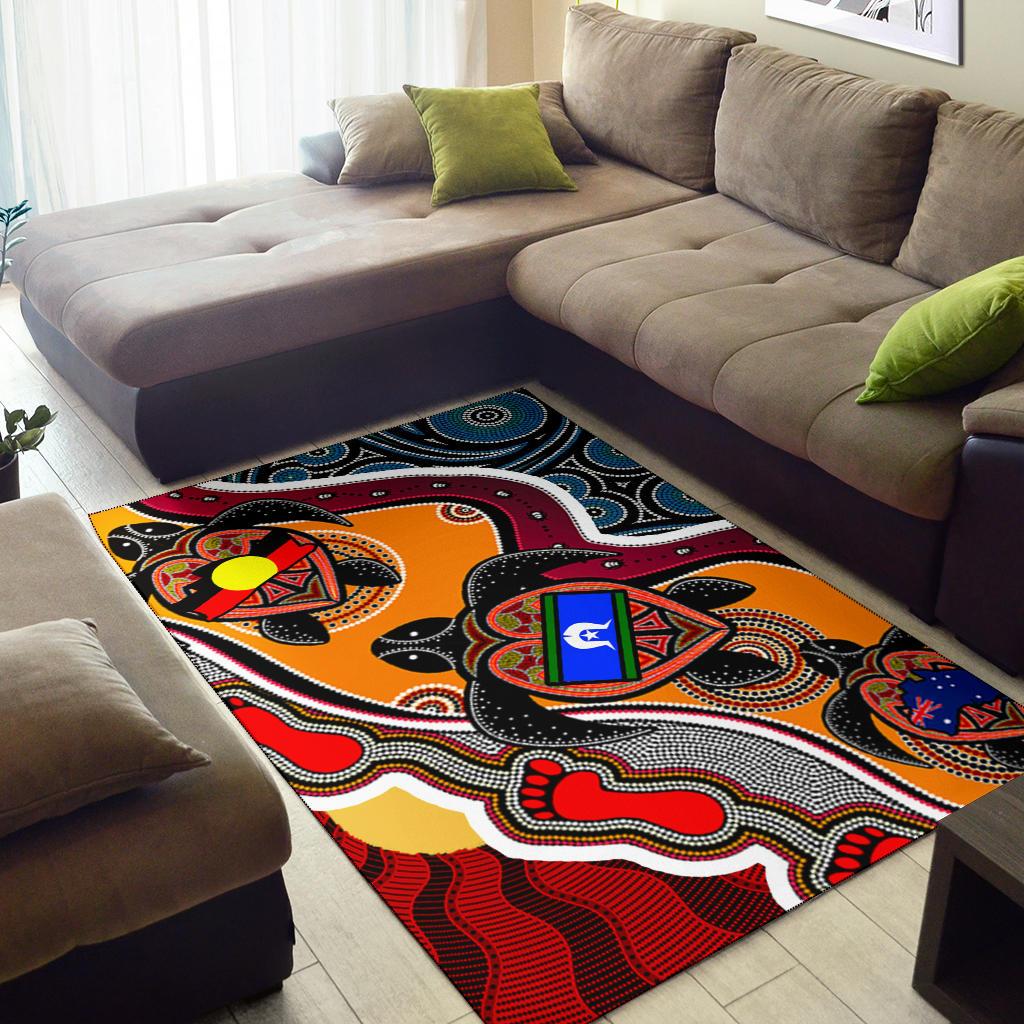 Area Rug - Australia Aboriginal Dots With Turtle and NAIDOC Flags - Vibe Hoodie Shop