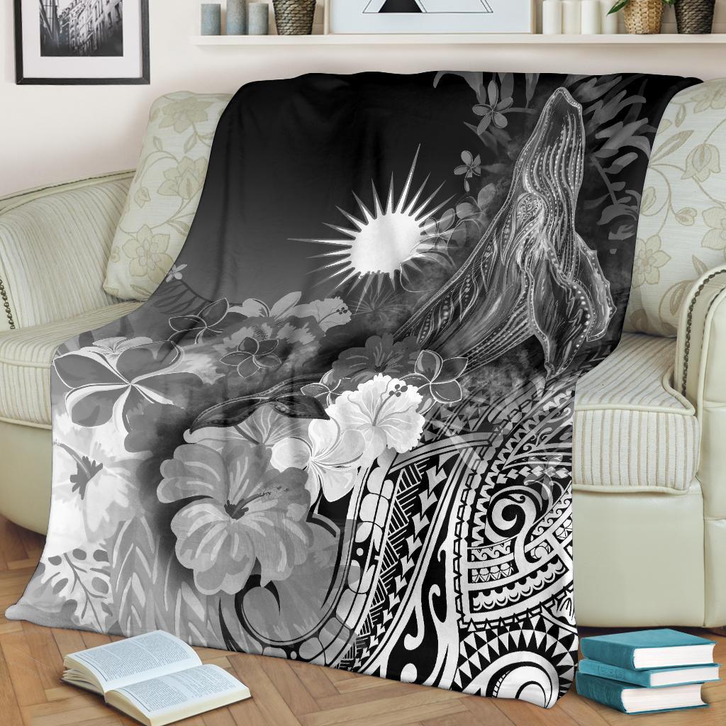 Marshall Islands Premium Blanket - Humpback Whale with Tropical Flowers (White) - Vibe Hoodie Shop