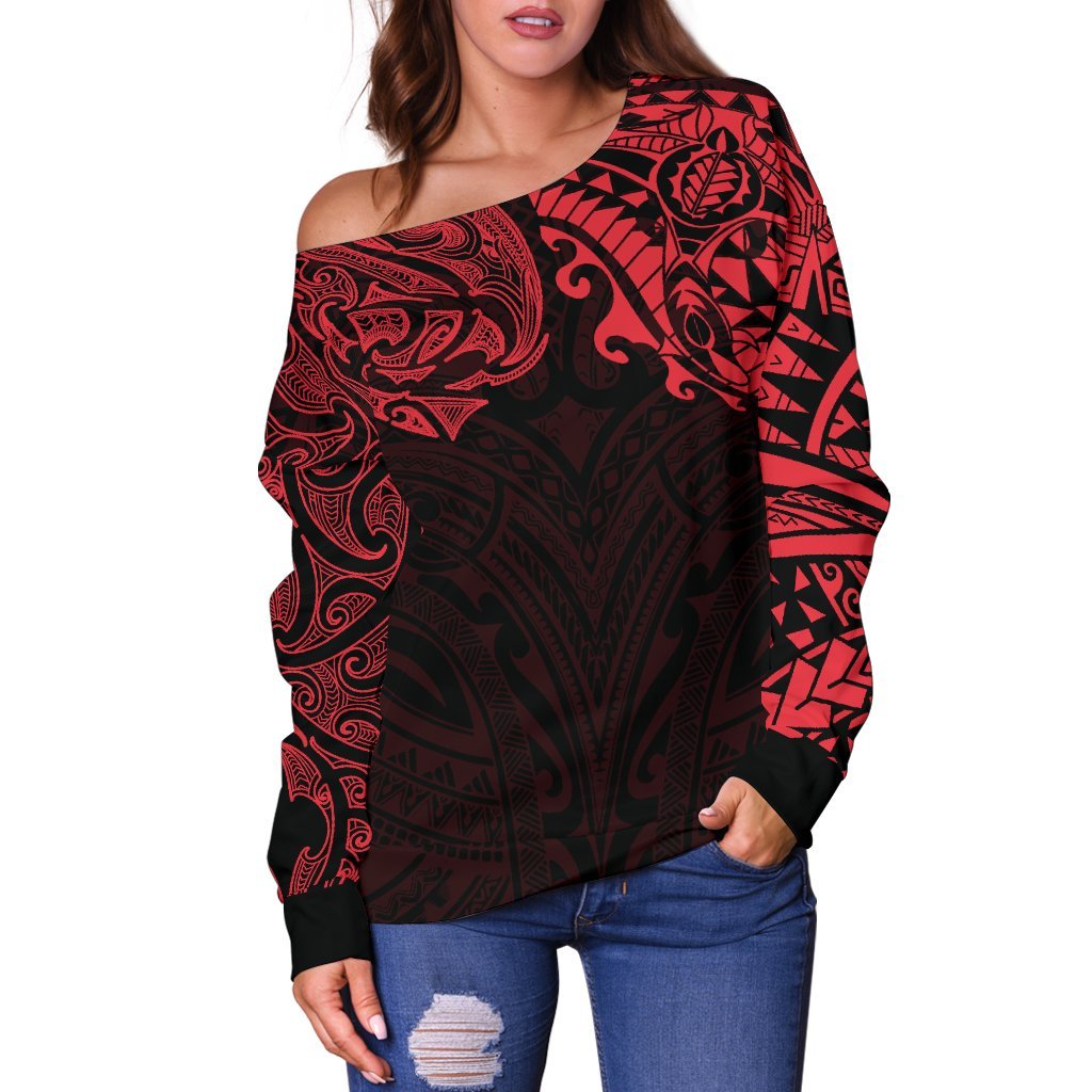 New Zealand Women's Off Shoulder Sweater, Maori Polynesian Tattoo Red - Vibe Hoodie Shop