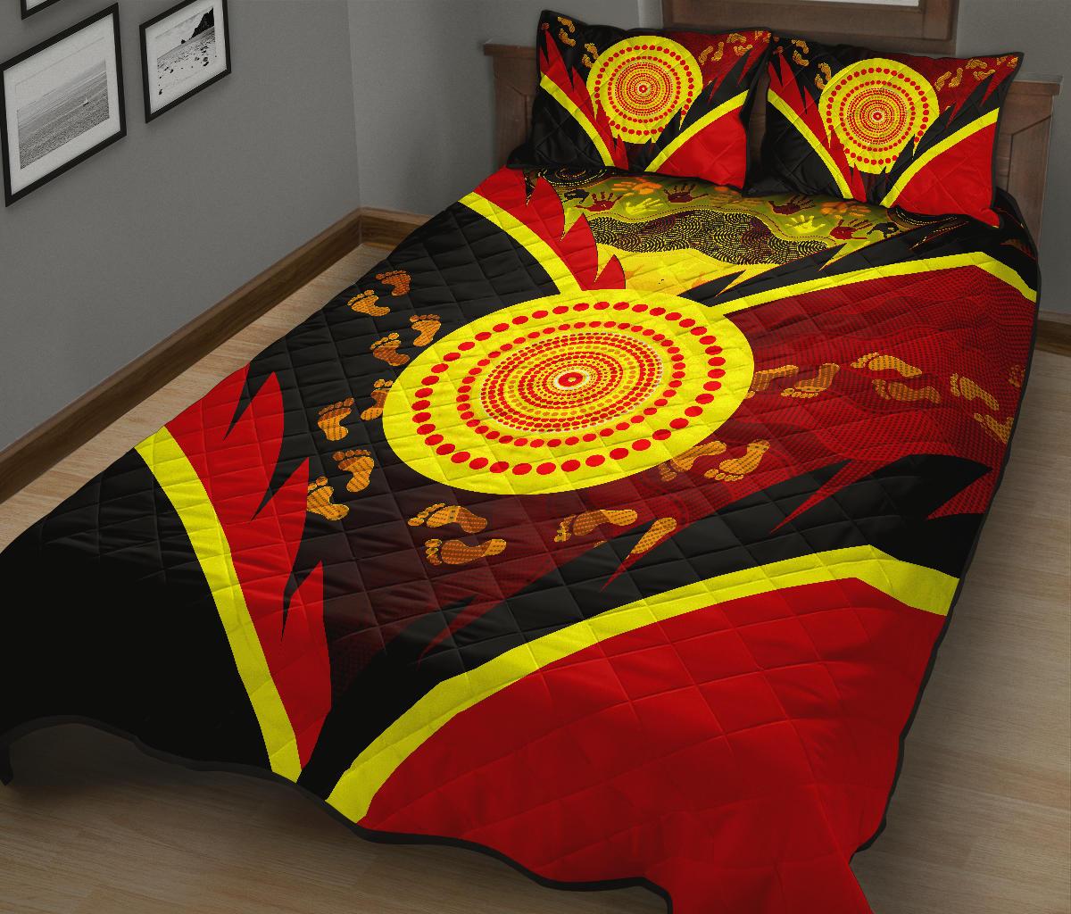 Aboriginal Quilt Bed Set - Indigenous Flag With Footprint Hand Art - Vibe Hoodie Shop