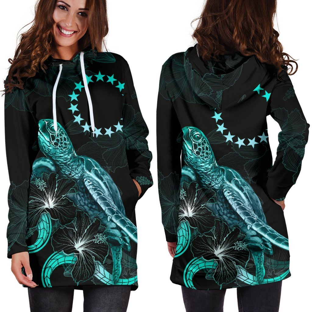 Cook Islands Polynesian Hoodie Dress - Turtle With Blooming Hibiscus Turquoise - Vibe Hoodie Shop