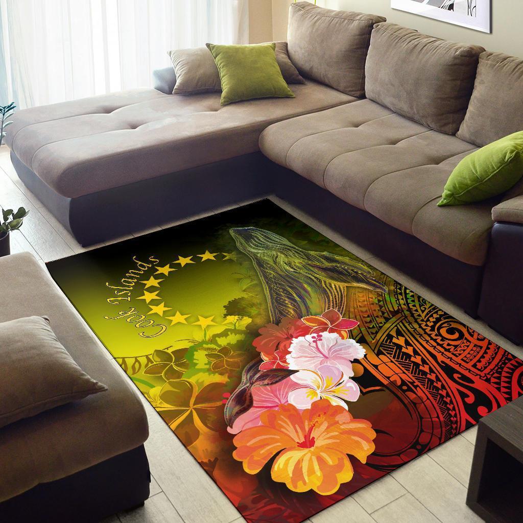 Cook Islands Area Rug - Humpback Whale with Tropical Flowers (Yellow) - Vibe Hoodie Shop