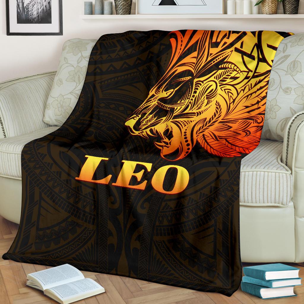 Sun In Leo Zodiac Premium Blanket Polynesian Tattoo Simple - Orange Black - Vibe Hoodie Shop
