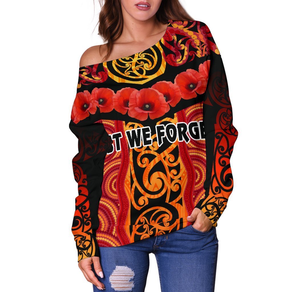 ANZAC Lest We Forget Poppy Women Off Shoulder Sweater New Zealand Maori Silver Fern - Australia Aboriginal - Vibe Hoodie Shop