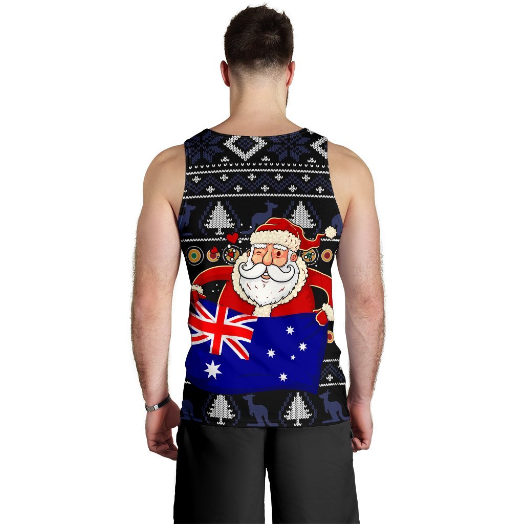 Christmas Personalised Men's Tank Top - Australia Santa Claus Hold The Flag (Black) - Vibe Hoodie Shop