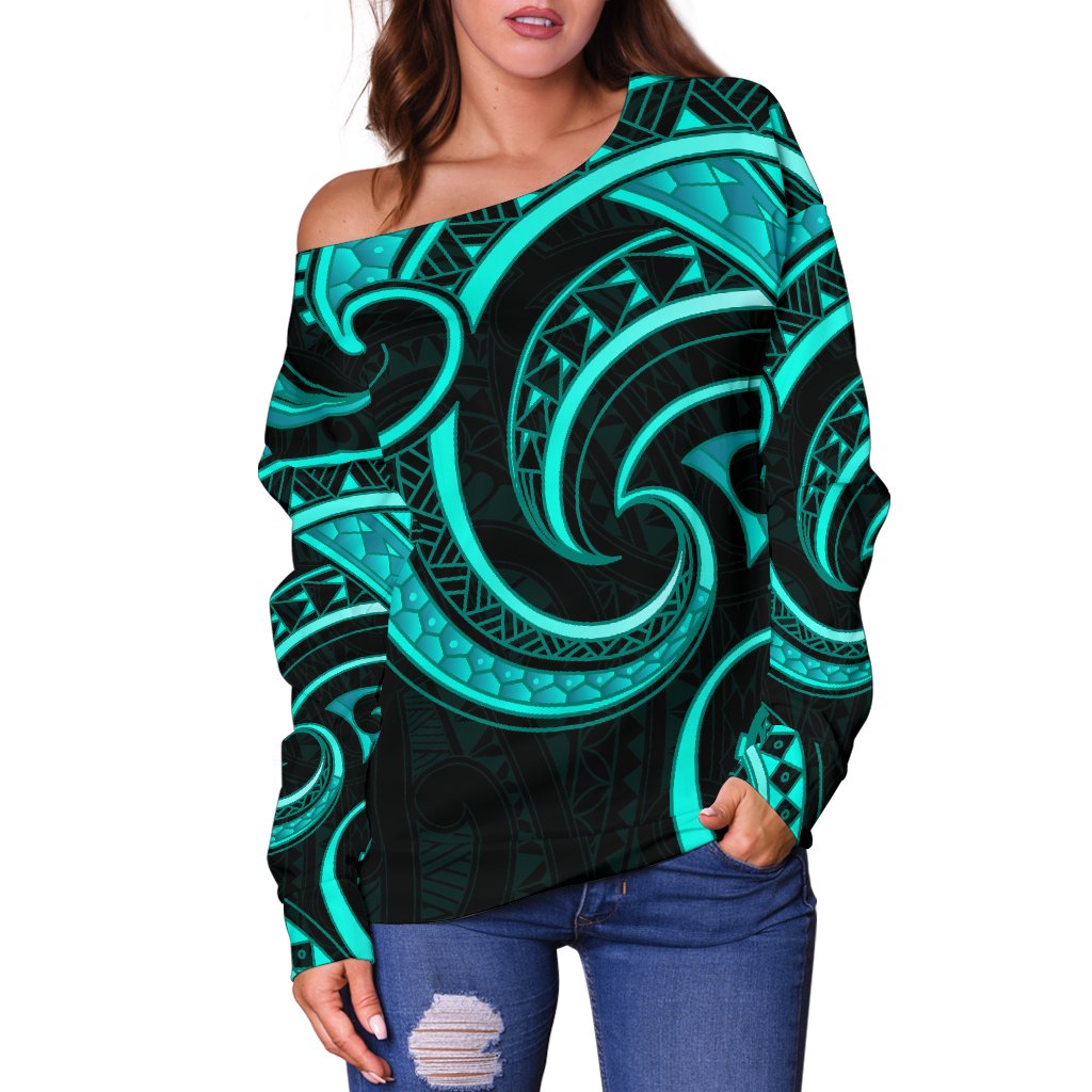 New Zealand Maori Mangopare Women Off Shoulder Sweater Polynesian - Turquoise - Vibe Hoodie Shop