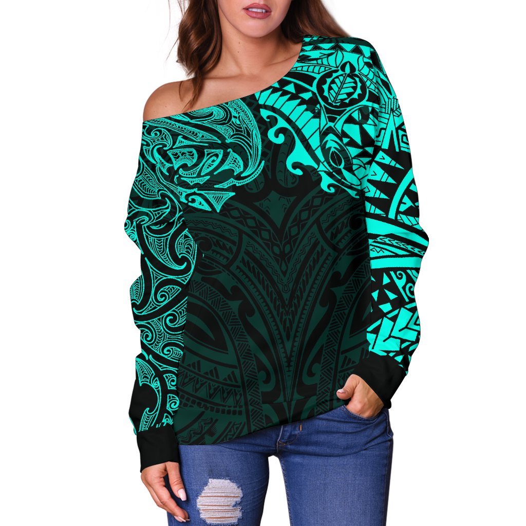 New Zealand Women's Off Shoulder Sweater, Maori Polynesian Tattoo Turquoise - Vibe Hoodie Shop