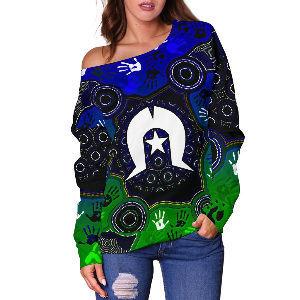 Aboriginal Women's Off Shoulder Sweater - Torres Strait Symbol With Indigenous Patterns - Vibe Hoodie Shop