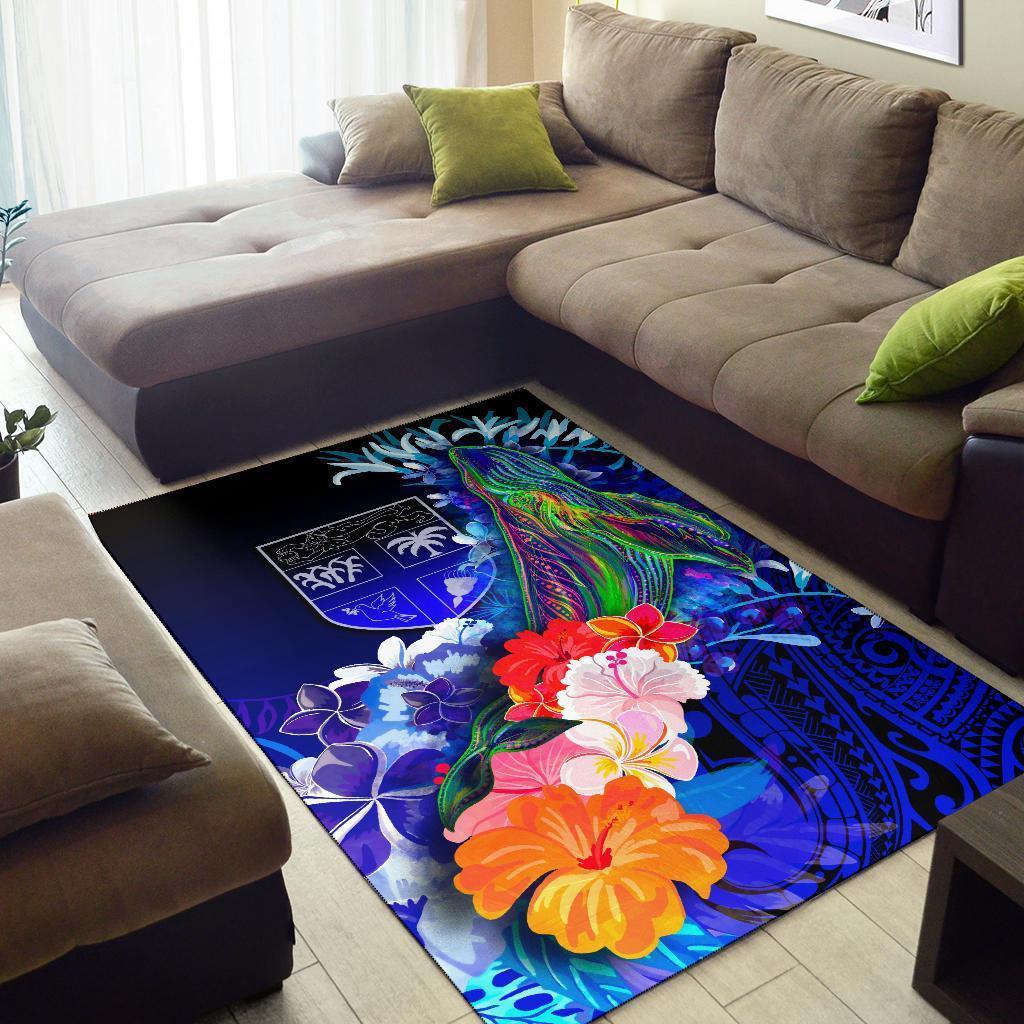 Fiji Area Rug - Humpback Whale with Tropical Flowers (Blue) - Vibe Hoodie Shop