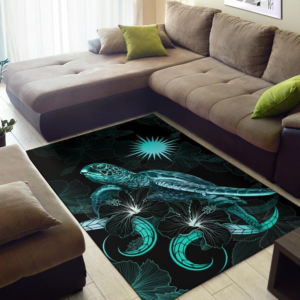 Marshall Islands Polynesian Area Rugs - Turtle With Blooming Hibiscus Turquoise - Vibe Hoodie Shop